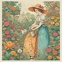 Vintage Portrait: Lady Watering Garden | Colorful Paper Art Illustration