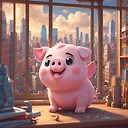 Vibrant 3D Anime Chibi Pig Yawning in City Scene