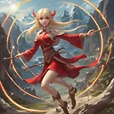 Enchanting Elf Girl with Magic Staff on Windy Grass Mountain