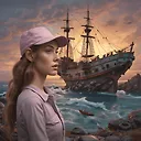 beautiful woman fairy, baseball cap, PTO, upstaging, Sailing ship, Twilight zone, by Jackson Pollock, Detailed Render, Cinema4d Model, Landscape, Wood-Carving, Pastel, Children's Drawing, Fear, Pastel Art, CGI