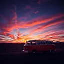Enchanting Night Sky with Vintage Volkswagen Van: Serene Desert Sunset Scene