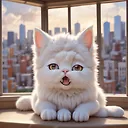 An enchanting 3D render of an adorable anime-style chibi white Tatra Shepherd cat, just waking up with eyes wide open and yawning, exuding a slightly grumpy and annoyed demeanor. The cat is surrounded by a vibrant, lively atmosphere, with sunrays piercing through clouds and a bustling city visible through the window behind her. The city life continues in the background, punctuated by singing birds, contributing to the energetic ambiance., 3d render, vibrant, anime