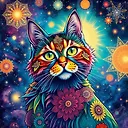 Colorful Mandala Cat in Cosmic Universe - Alphonse Mucha Style