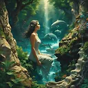Majestic Waterfall Sculpture: Surreal Stone Woman Emerging from Water