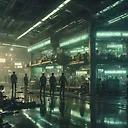 Futuristic Cinematic Action Scene: Lunar City Convenience Store Ambiance