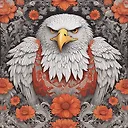 Majestic Eagle Illustration in Vibrant White, Reds, and Oranges with Floral Patterns
