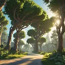 Emerald Futuristic 3D Render: Pixar Style Trees Infra with Radiant Sun Effect