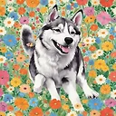 Playful Husky Illustration: Whimsical Kid's Style Art of Dog Running Amid Flowers