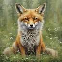 A oil-painting of a cute fox with an expressive face plays in a forest meadow, by Lucy Grossmith and Carne Griffiths, meticulous, intricate, entangled, intricately detailed, highly detailed, perfect wide long shot visual by @challenge2pt masterpiece.