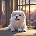 Chibi White Tatra Shepherd Dog 3D Render: Anime Yawning in Vibrant Cityscape
