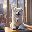 Chibi White Tatra Shepherd Dog 3D Render: Anime Yawning in Vibrant Cityscape