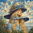 Enchanting Blonde Woman in Bird-Adorned Hat | Fulgent AI