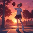Anime Girl Playing Basketball at Sunset in 4K – Detailed Character Design with Full Body Art and Dynamic Action Pose