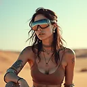 Realistic Cyberpunk Portrait: 4K Female Character with Metallic Accents in Desert