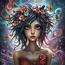 Enchanting 3D Render: Wild Woman with Vibrant Hair in Dreamlike Landscape