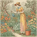 Vintage Portrait: Lady Watering Garden | Colorful Paper Art Illustration