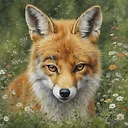 A oil-painting of a cute fox with an expressive face plays in a forest meadow, by Lucy Grossmith and Carne Griffiths, meticulous, intricate, entangled, intricately detailed, highly detailed, perfect wide long shot visual by @challenge2pt masterpiece.