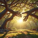 Enchanting Pixar Style 3D Render: Tree Branch Hands in Sunlight