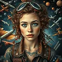 Sci-Fi Aviator Girl with Tattoos in Cosmic Space Scene