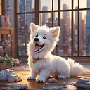 Charming 3D Anime Chibi White Tatra Shepherd Dog Yawning in Vibrant City Scene