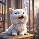 An enchanting 3D render of an adorable anime-style chibi white Tatra Shepherd cat, just waking up with eyes wide open and yawning, exuding a slightly grumpy and annoyed demeanor. The cat is surrounded by a vibrant, lively atmosphere, with sunrays piercing through clouds and a bustling city visible through the window behind her. The city life continues in the background, punctuated by singing birds, contributing to the energetic ambiance., 3d render, vibrant, anime