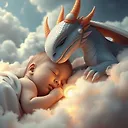 Enchanting Baby and Dragon Sleeping in Dreamy Clouds - Fantasy Art