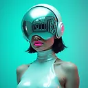 Futuristic Cyberpunk Portrait with Reflective Helmet and Striking Pink Lips
