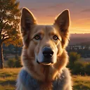 Golden Dog Close-Up Portrait in Breathtaking Sunset Landscape