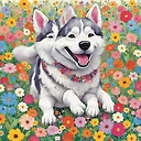 Playful Husky Illustration: Whimsical Kid's Style Art of Dog Running Amid Flowers