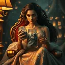 Surreal Fantasy Portrait: Elegant Woman with Money Jar in Enigmatic Atmosphere
