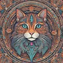 Colorful Mandala Cat Illustration in Alphonse Mucha Style