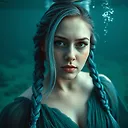 Futuristic underwater portrait of pale woman with blue hair