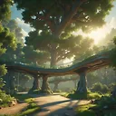 Futuristic 3D Pixar Tree City in Sunlit Green Landscape - 4K