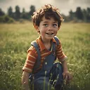 Pixar style Portrait of a boy playing in a field