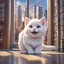 An enchanting 3D render of an adorable anime-style chibi white Tatra Shepherd cat, just waking up with eyes wide open and yawning, exuding a slightly grumpy and annoyed demeanor. The cat is surrounded by a vibrant, lively atmosphere, with sunrays piercing through clouds and a bustling city visible through the window behind her. The city life continues in the background, punctuated by singing birds, contributing to the energetic ambiance., 3d render, vibrant, anime