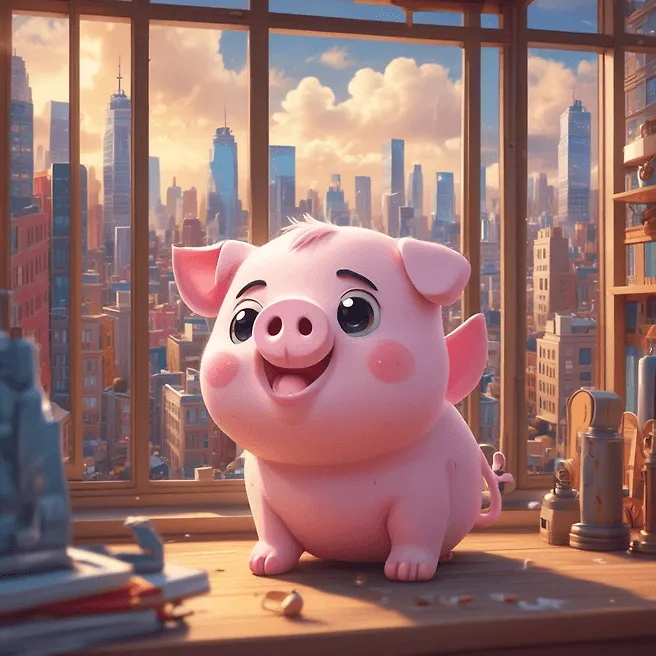Vibrant 3D Anime Chibi Pig Yawning in City Scene