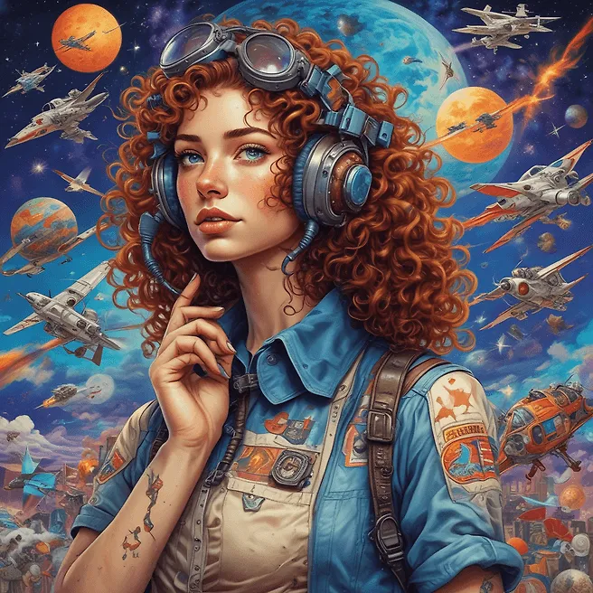 Curly-haired woman with aviator goggles and tattoos in cosmic aviation scene