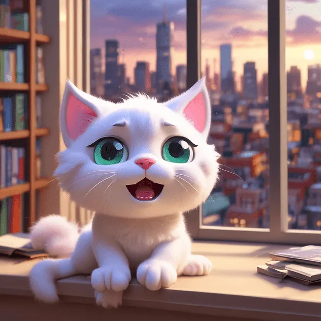 Chibi Cat 3D Render: Adorable Anime Yawning with City Vibes