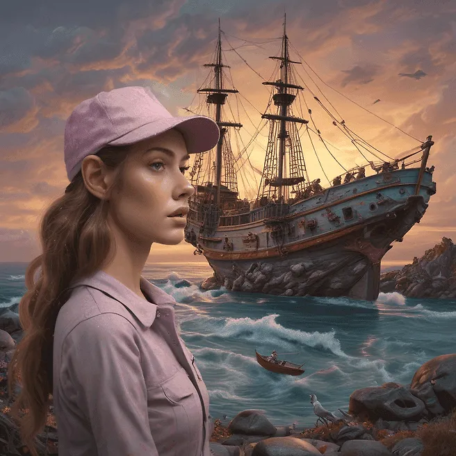 beautiful woman fairy, baseball cap, PTO, upstaging, Sailing ship, Twilight zone, by Jackson Pollock, Detailed Render, Cinema4d Model, Landscape, Wood-Carving, Pastel, Children's Drawing, Fear, Pastel Art, CGI