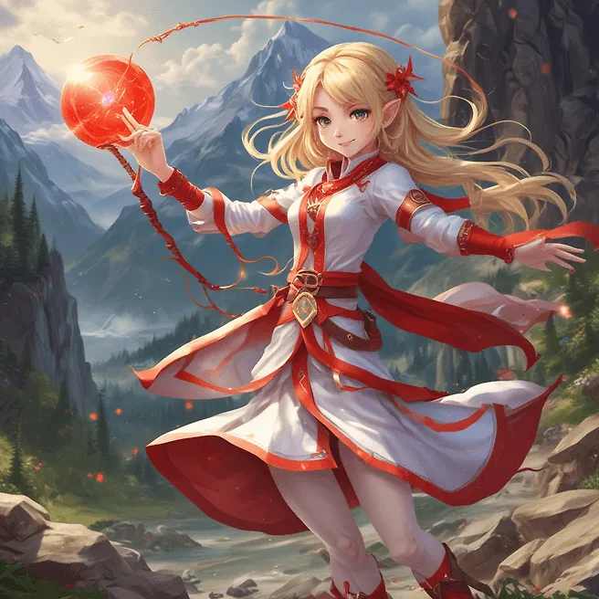 Enchanting Elf Girl with Magic Staff on Windy Grass Mountain