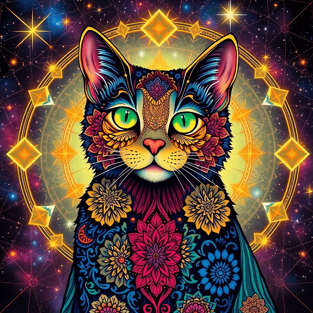 Vibrant Cosmic Cat Illustration: Colorful Mandala Design - Fulgent AI