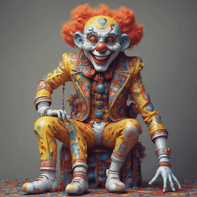 carnival clown, sport jacket, feeder, Doing sit-ups, bottom, Bright white, by Gustave Klimt, Creature Design, Zbrush Sculpt, Macro, Paper Model, Neon, Doodle, Fear, Oil Paint, Dadaist