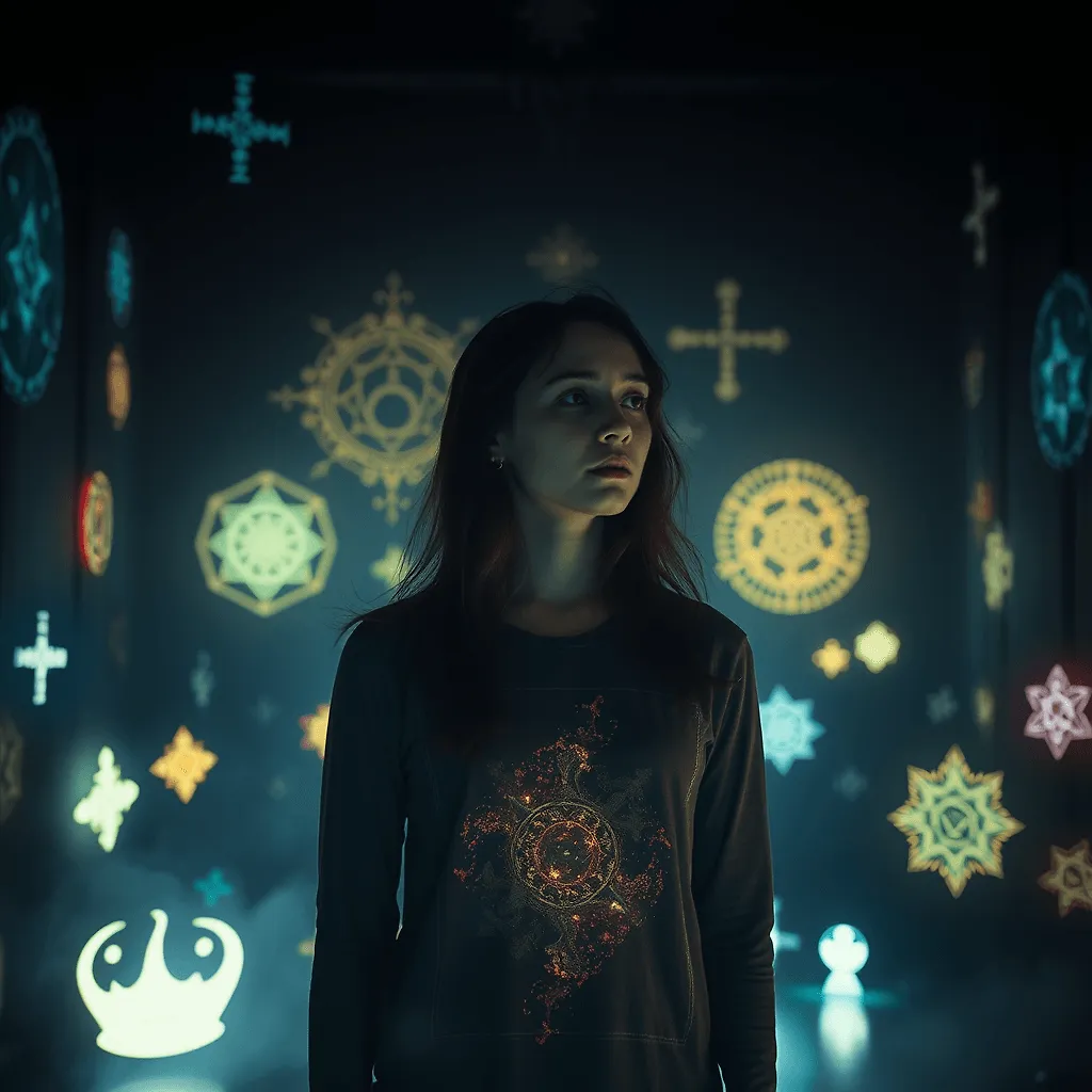 Enigmatic young woman surrounded by magical symbols in a dark room | Fulgent AI