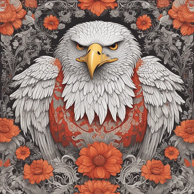 Majestic Eagle Illustration in Vibrant White, Reds, and Oranges with Floral Patterns