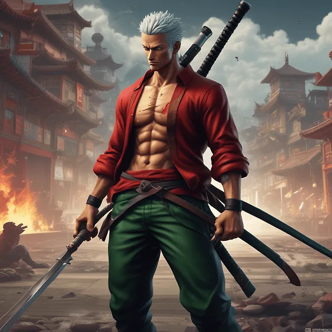 Ultra HD 5K Roronoa Zoro Wallpaper in Red Environment with Dual Swords
