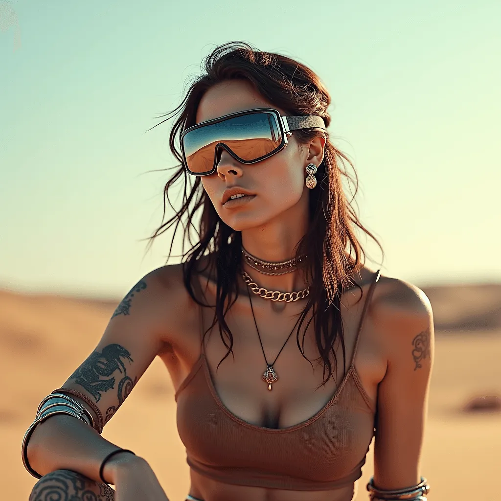 Realistic Cyberpunk Portrait: 4K Female Character with Metallic Accents in Desert