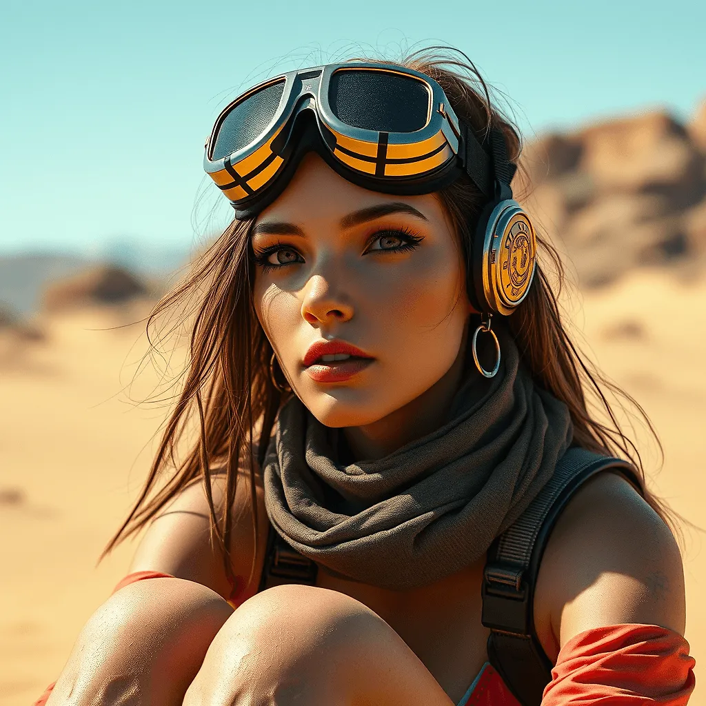 Hyper-Realistic Cyberpunk Desert Portrait: 4K Female Character in Metallic Goggles | Fulgent AI