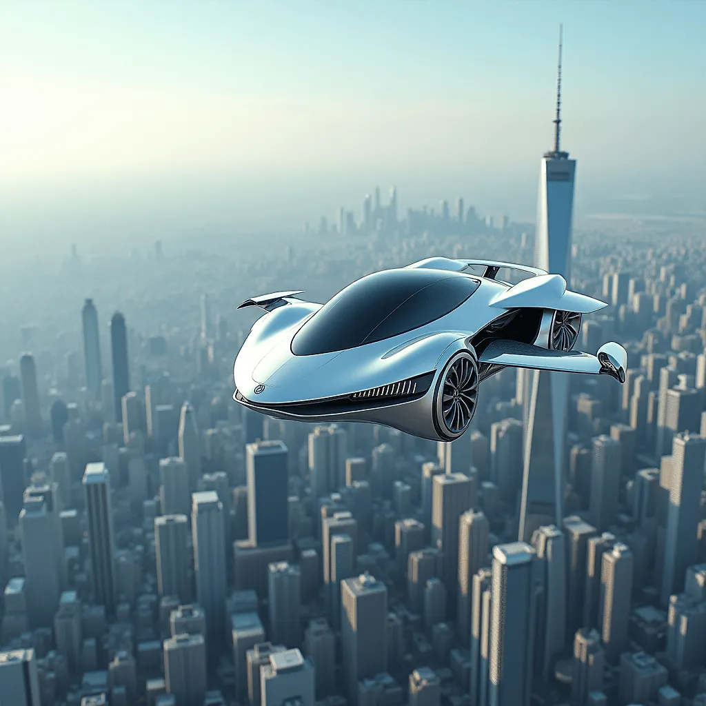 Future Engineering Marvel: Flying Car Over Cityscape | Fulgent AI