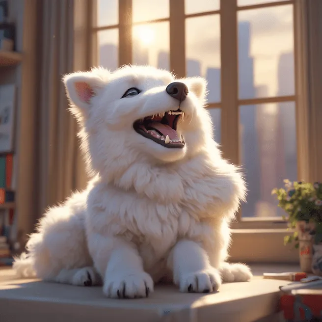 Enchanting 3D Anime Chibi White Tatra Shepherd Dog in Vibrant City Morning