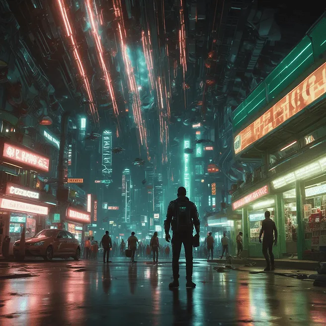 Cinematic action scene of a sci-fi movie in front of a convenience store inside a lunar city4 in the style of elysium by neill blomkamp, shot at a phantom tmx 75105, futuristic gyromats in dynamic motion in an interstellar environment with green hues and light-red accents1 intricate details, volumetric lighting, lunar --ar 169 --s 260